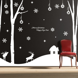 cj073-크리스마스날의 겨울나무/그래픽스티커/사슴/눈사람/눈송이/겨울/크리스마스/자작나무/겨울나무/인테리어
