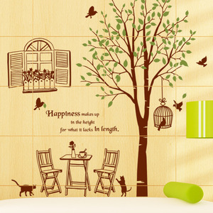 cj129-나무 아래에서 커피한잔/그래픽스티커/나무/나뭇잎/새/새장/창문/레터링/고양이/의자/테이블