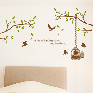 ij298-행복한새들의아침2/그래픽스티커/나무/자연/새/새장/나뭇잎/나뭇가지/숲/데코/인테리어/거실꾸미기/방꾸미기/새집