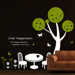 ij294-숲속에서행복한커피한잔/그래픽스티커/나무/자연/커피잔/테이블/꽃/줄기/나비/레터링/봄/인테리어/데코스티커/나뭇가지