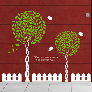 ij293-공원앞나무들과아기새들/그래픽스티커/나무/자연/새/나뭇잎/레터링/영문/울타리/공원/데코/인테리어/아이방꾸미기