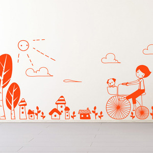 ij040-기분 좋은 날 자전거를 타고(대형)/그래픽스티커/나무/자전거/강아지/소년/구름/잎/해/마을/아이방꾸미기/